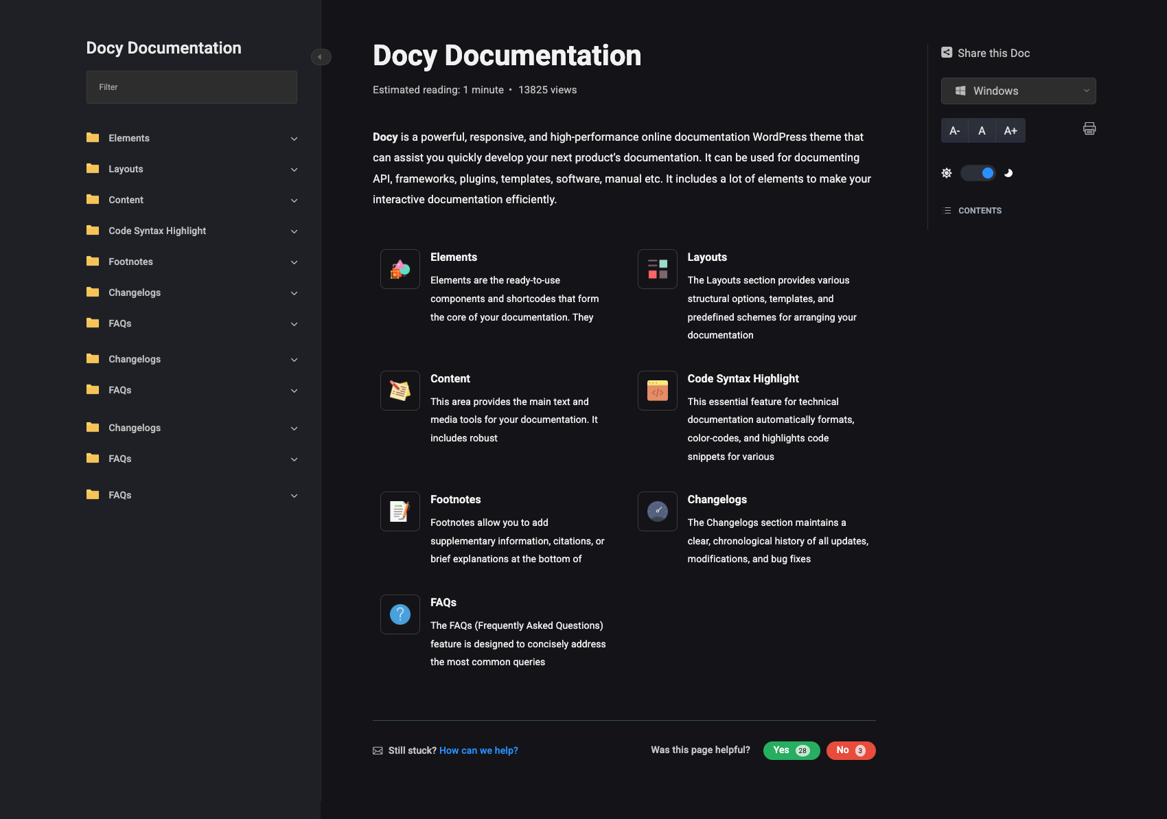 Docy documentation article in Dark Mode